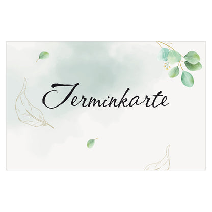 terminkarte eukalyptus, weiß-grüne optik, vorderseite mit aufschrift "terminkarte" und kleinen blättern