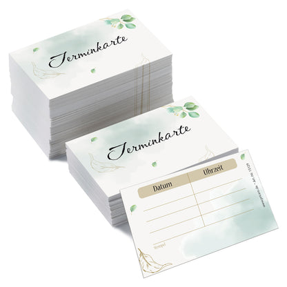 terminkarte eukalyptus, weiß-grüne optik, vorderseite mit aufschrift "terminkarte" und kleinen blättern, rückseite bietet platz für vier termine mit datum und uhrzeit, 200 stück