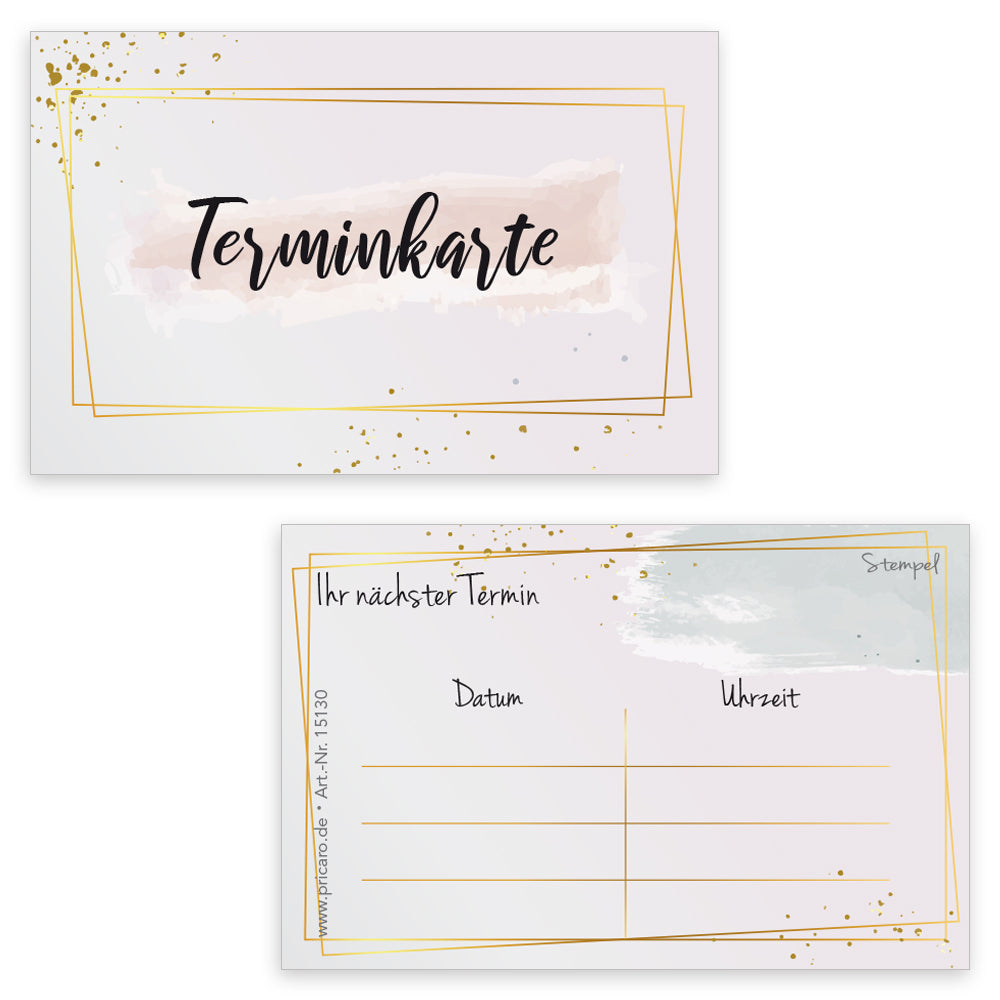 terminkarte golden dots, rosa-goldene optik, vorderseite mit aufschrift "terminkarte", rückseite bietet platz für vier termine mit datum und uhrzeit