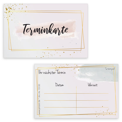 terminkarte golden dots, rosa-goldene optik, vorderseite mit aufschrift "terminkarte", rückseite bietet platz für vier termine mit datum und uhrzeit