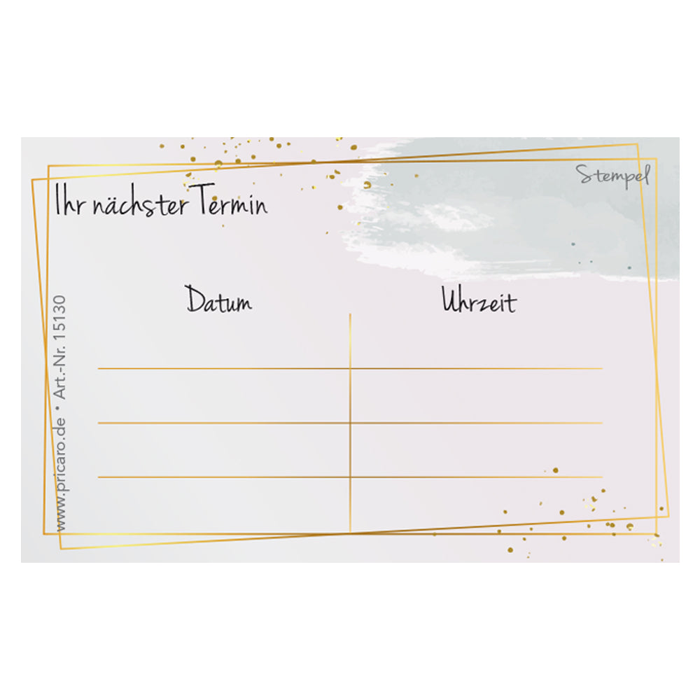 terminkarte golden dots, rosa-goldene optik, rückseite bietet platz für vier termine mit datum und uhrzeit