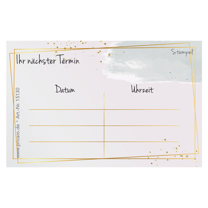 terminkarte golden dots, rosa-goldene optik, rückseite bietet platz für vier termine mit datum und uhrzeit