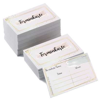 terminkarte golden dots, rosa-goldene optik, vorderseite mit aufschrift "terminkarte", rückseite bietet platz für vier termine mit datum und uhrzeit, 200 stück