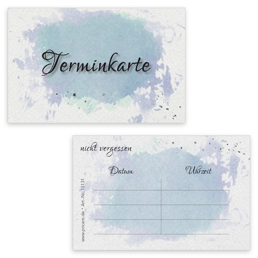 Terminkarte aquarell, blau-graue optik, aufschrift "terminkarte" auf der vorderseite, rückseite mit platz für vier termine mit datum und uhrzeit, 200 stück