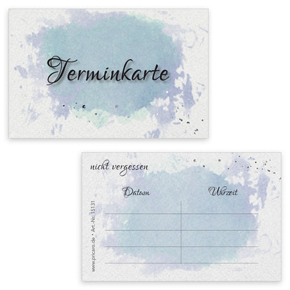 Terminkarte aquarell, blau-graue optik, aufschrift "terminkarte" auf der vorderseite, rückseite mit platz für vier termine mit datum und uhrzeit, 200 stück