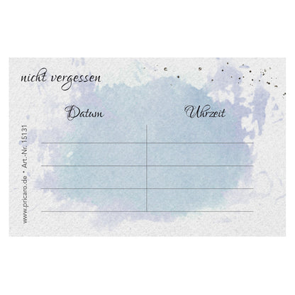 Terminkarte aquarell, blau-graue optik, rückseite mit platz für vier termine mit datum und uhrzeit
