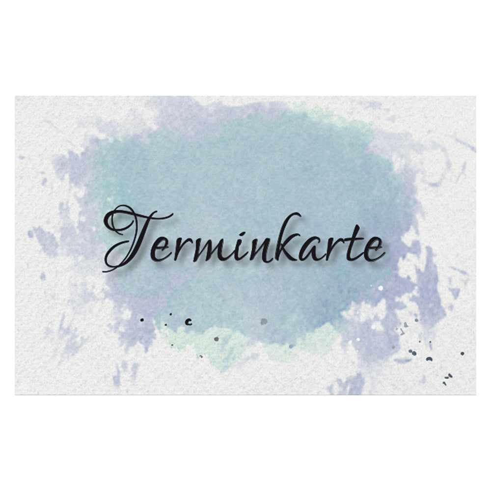 Terminkarte aquarell, blau-graue optik, aufschrift "terminkarte" auf der vorderseite
