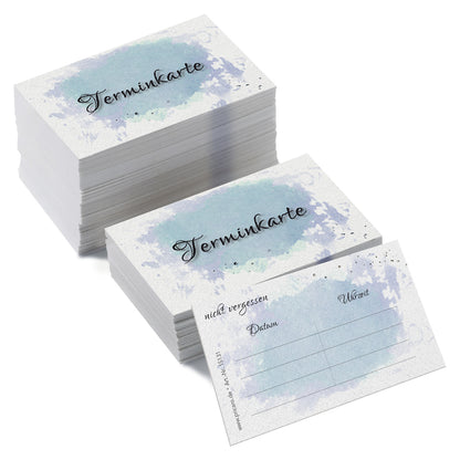 Terminkarte aquarell, blau-graue optik, aufschrift "terminkarte" auf der vorderseite, rückseite mit platz für vier termine mit datum und uhrzeit, 200 stück