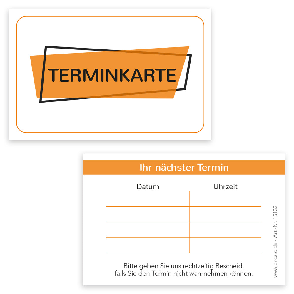 Terminkarte basic, orange-weiße optik, aufschrift "terminkarte" auf der vorderseite, rückseite mit platz für vier termine mit datum und uhrzeit