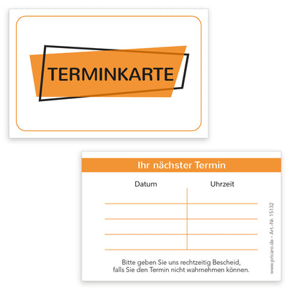 Terminkarte basic, orange-weiße optik, aufschrift "terminkarte" auf der vorderseite, rückseite mit platz für vier termine mit datum und uhrzeit