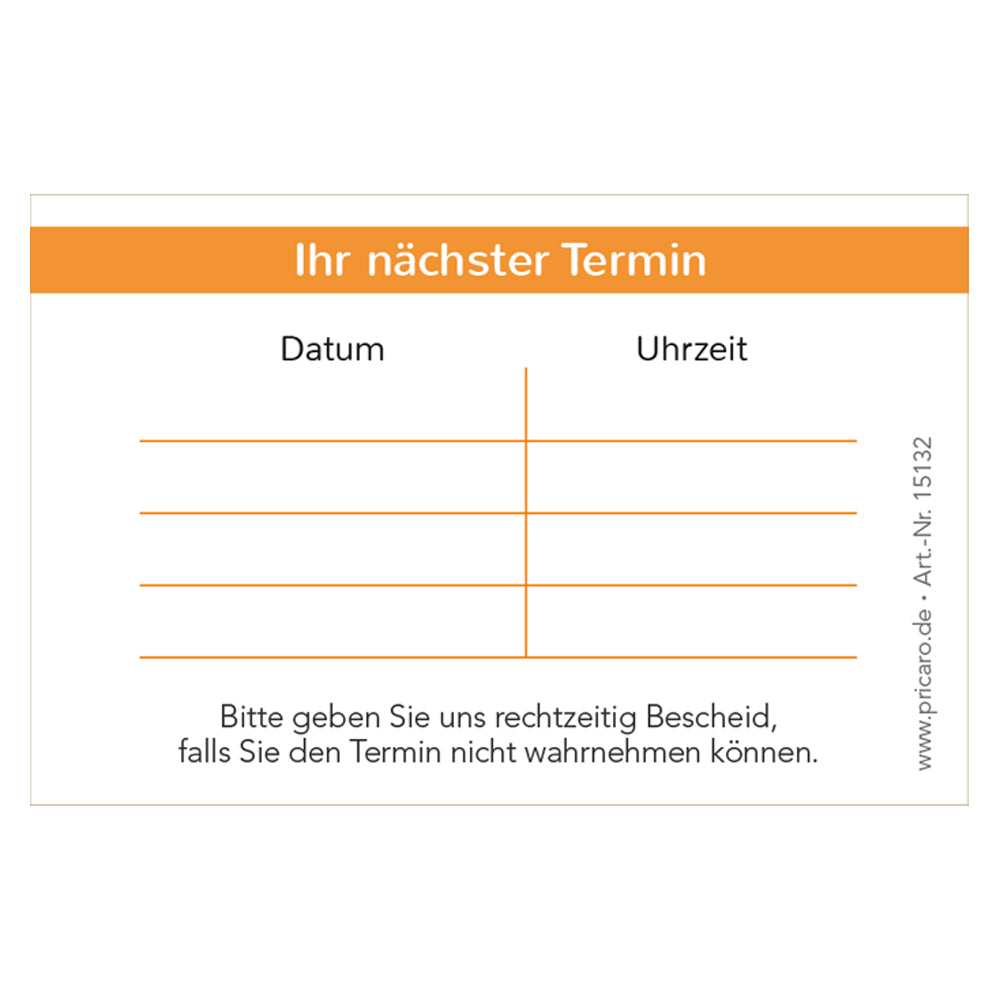 Terminkarte basic, orange-weiße optik, rückseite mit platz für vier termine mit datum und uhrzeit