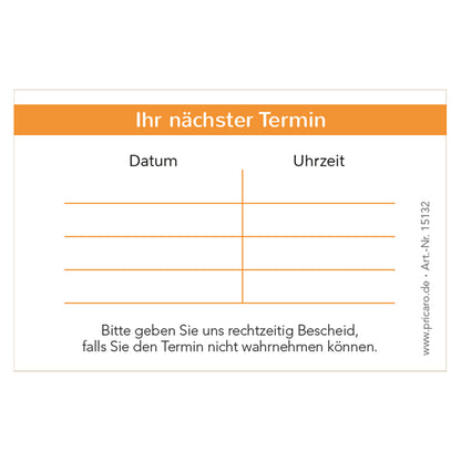 Terminkarte basic, orange-weiße optik, rückseite mit platz für vier termine mit datum und uhrzeit
