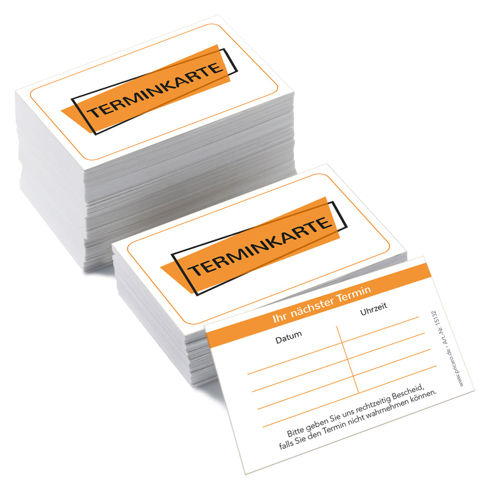 Terminkarte basic, orange-weiße optik, aufschrift "terminkarte" auf der vorderseite, rückseite mit platz für vier termine mit datum und uhrzeit, 200 stück