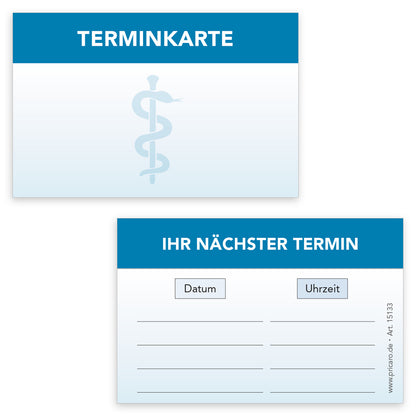 terminkarte zahnarzt, blaue optik, vorderseite mit äskulapstab und aufschrift "terminkarte", rückseite bietet platz für vier termine mit datum und uhrzeit