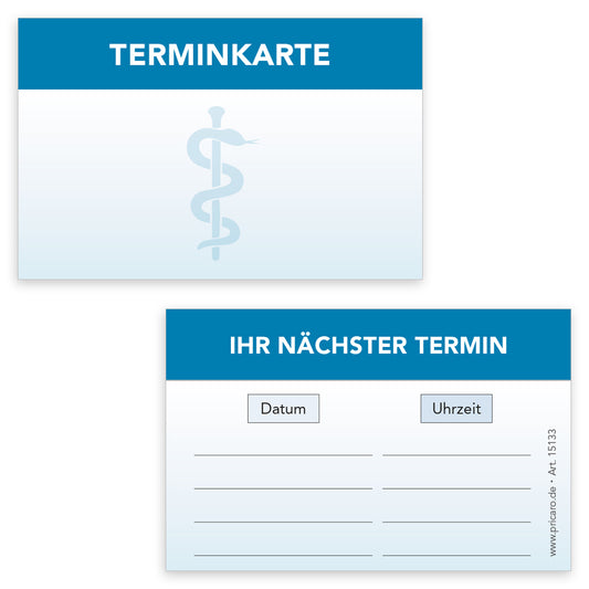 terminkarte zahnarzt, blaue optik, vorderseite mit äskulapstab und aufschrift "terminkarte", rückseite bietet platz für vier termine mit datum und uhrzeit