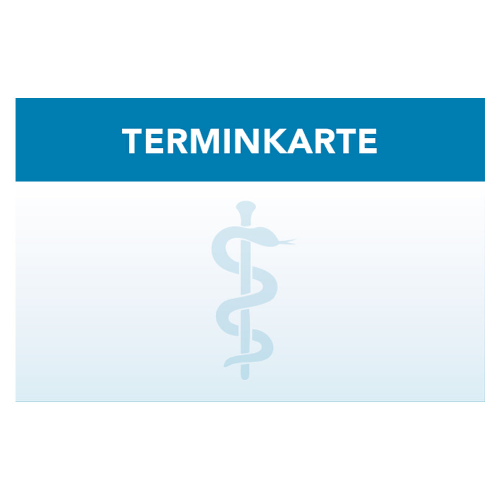 terminkarte zahnarzt, blaue optik, vorderseite mit äskulapstab und aufschrift "terminkarte"