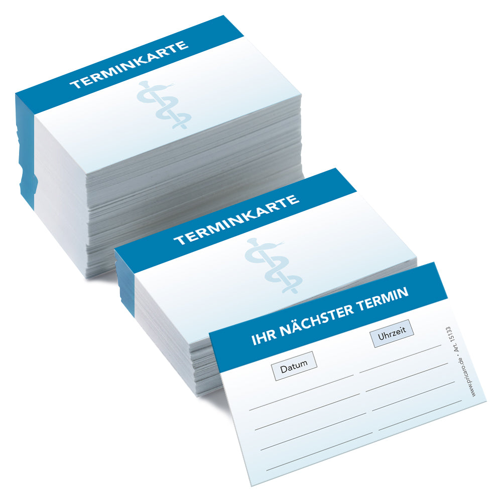 terminkarte zahnarzt, blaue optik, vorderseite mit äskulapstab und aufschrift "terminkarte", rückseite bietet platz für vier termine mit datum und uhrzeit, 200 stück