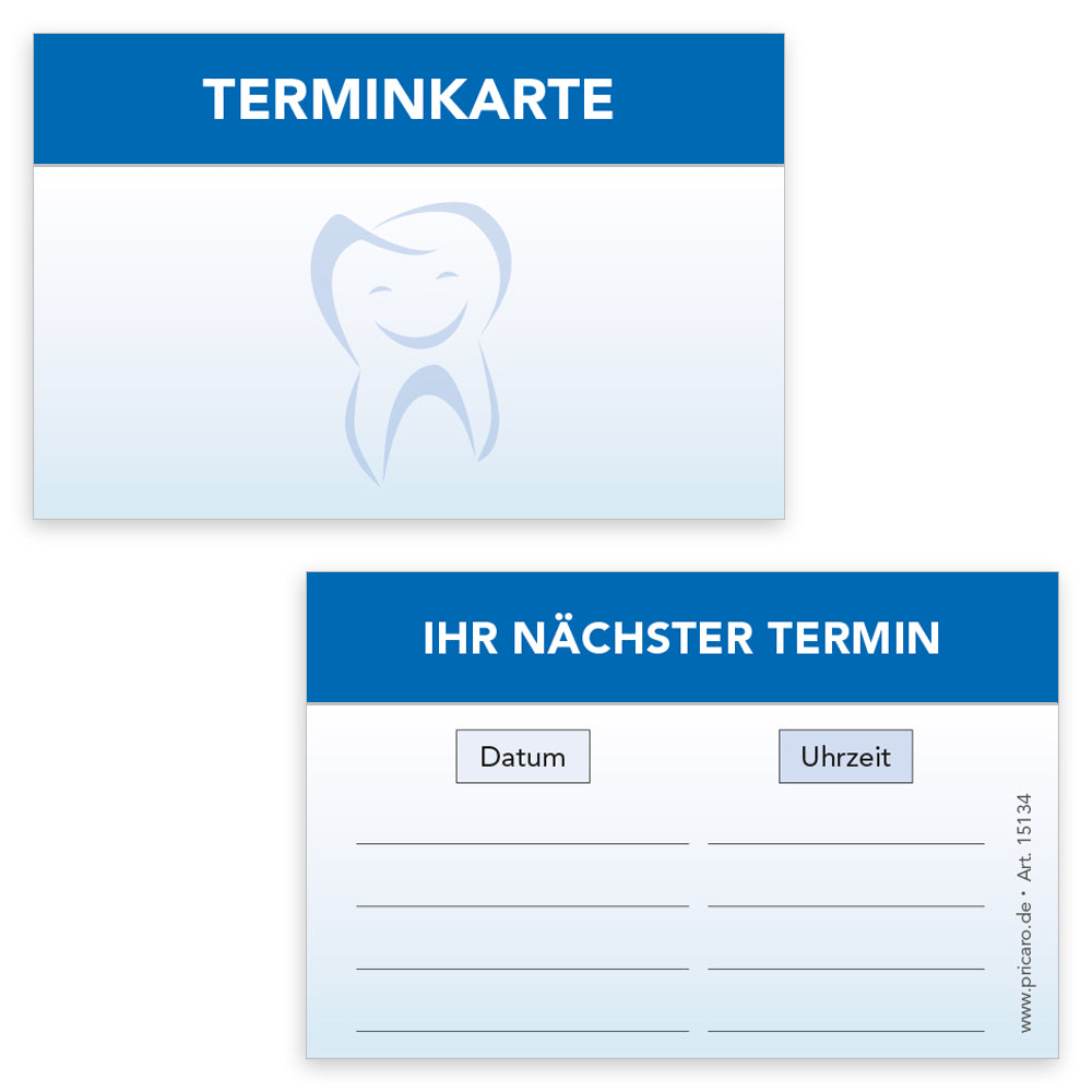 terminkarte zahnarzt, blaue optik, vorderseite mit zahn und aufschrift "terminkarte", rückseite bietet platz für vier termine mit datum und uhrzeit