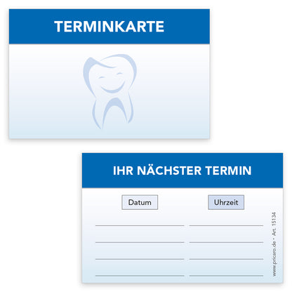 terminkarte zahnarzt, blaue optik, vorderseite mit zahn und aufschrift "terminkarte", rückseite bietet platz für vier termine mit datum und uhrzeit