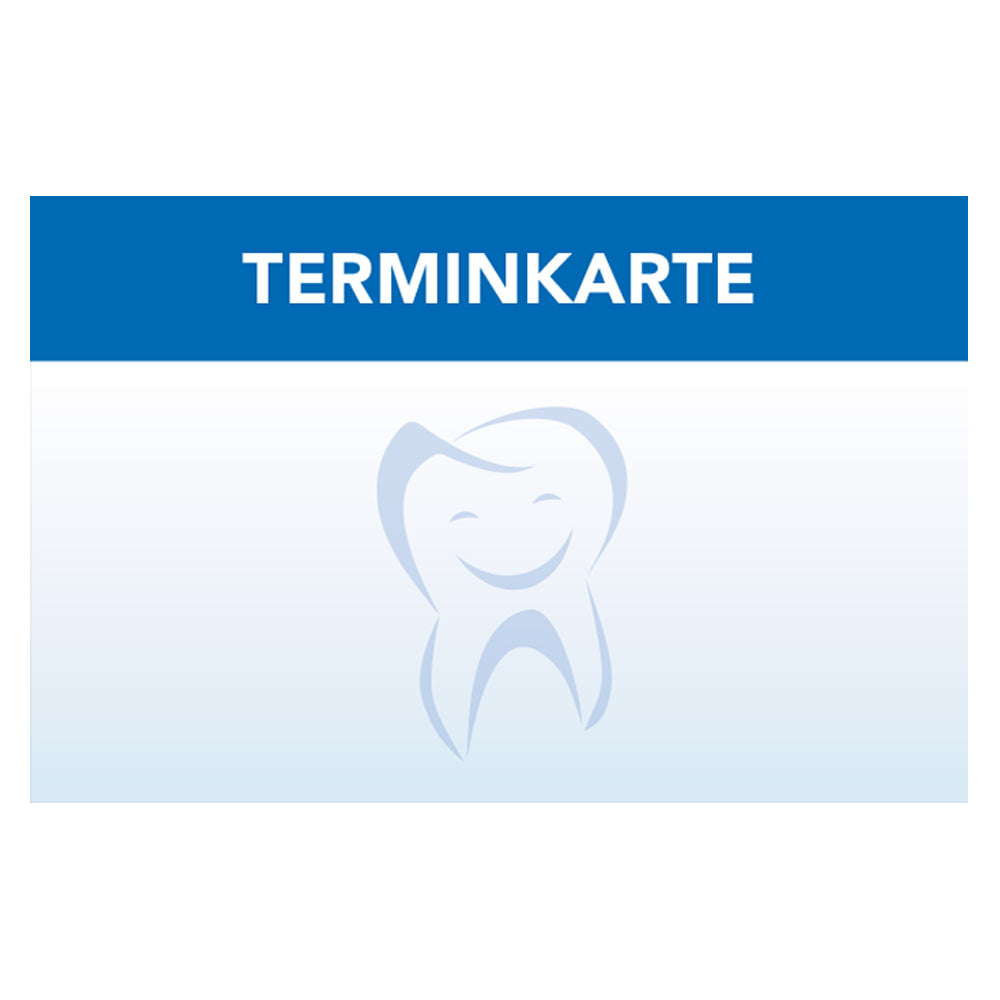 terminkarte zahnarzt, blaue optik, vorderseite mit zahn und aufschrift "terminkarte"