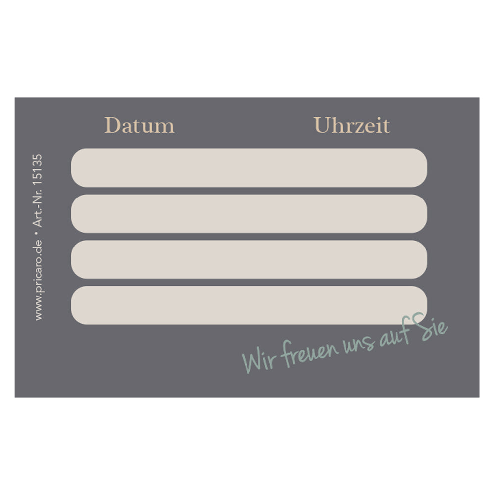 Terminkarte gray, grau-beige optik, rückseite mit platz für vier termine mit datum und uhrzeit, 200 stück
