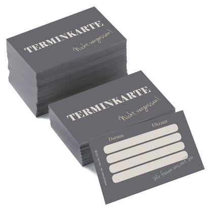 Terminkarte gray, grau-beige optik, aufschrift "terminkarte, nicht vergessen" auf der vorderseite, rückseite mit platz für vier termine mit datum und uhrzeit, 200 stück
