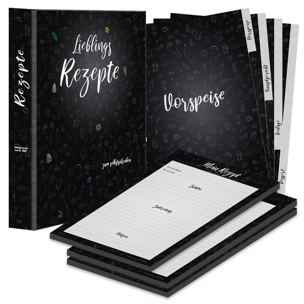 rezeptordner komplett-set doodles black, a4, rezeptordner doodles black schwarz-weiße optik mit der aufschrift lieblingsrezepte zum selberschreiben, mit drei passenden rezeptblöcken doodles black und passenden registern