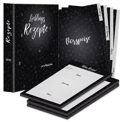 rezeptordner komplett-set doodles black, a4, rezeptordner doodles black schwarz-weiße optik mit der aufschrift lieblingsrezepte zum selberschreiben, mit drei passenden rezeptblöcken doodles black und passenden registern