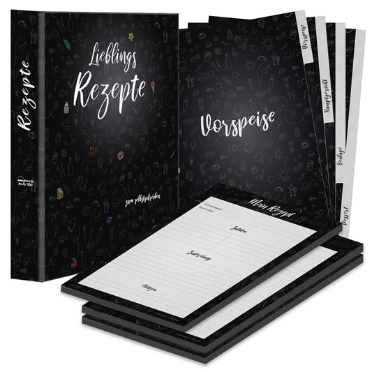 rezeptordner komplett-set doodles black, a4, rezeptordner doodles black schwarz-weiße optik mit der aufschrift lieblingsrezepte zum selberschreiben, mit drei passenden rezeptblöcken doodles black und passenden registern