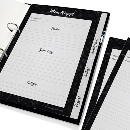 rezeptordner komplett-set doodles black, a4, rezeptordner doodles black mit abgehefteten registern und rezeptblöcken 