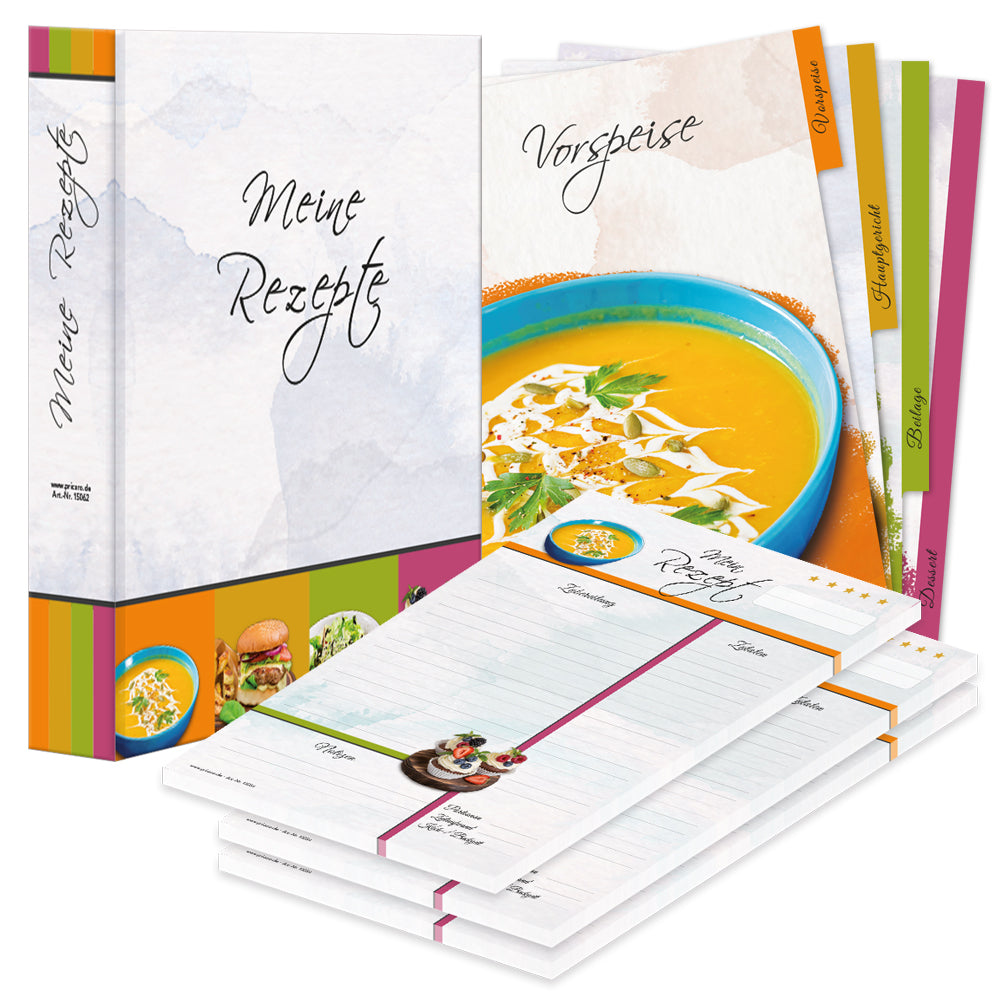 rezeptordner komplett-set delicious, a4, rezeptordner delicious grau-bunte optik und der aufschrift meine rezepte, mit drei passenden rezeptblöcken delicious und passenden registern