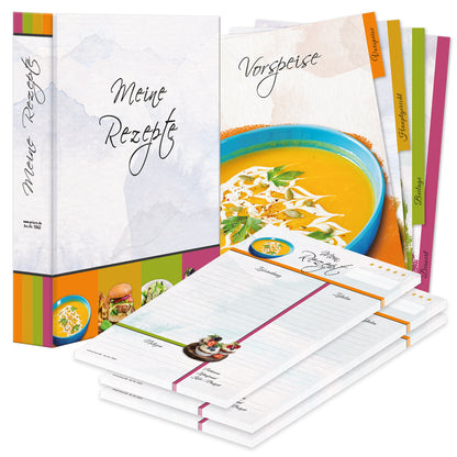 rezeptordner komplett-set delicious, a4, rezeptordner delicious grau-bunte optik und der aufschrift meine rezepte, mit drei passenden rezeptblöcken delicious und passenden registern