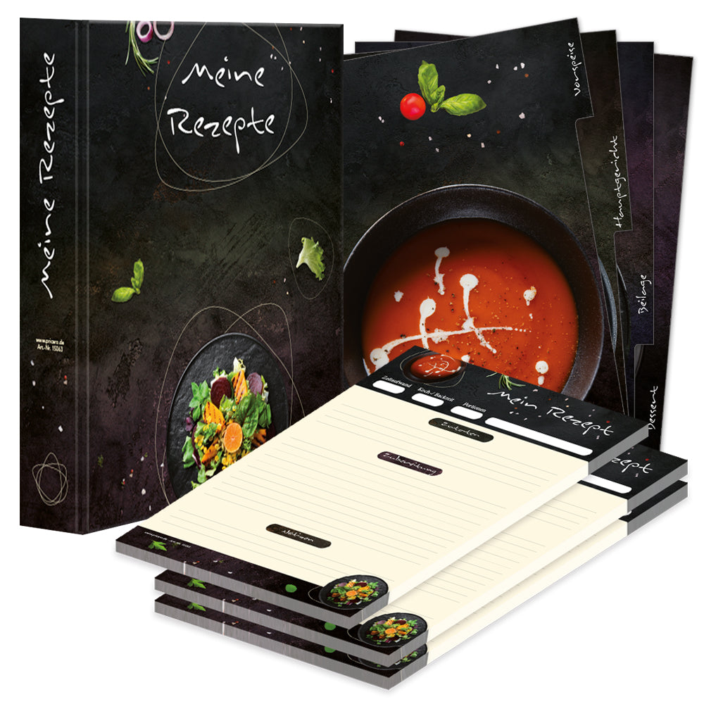 rezeptordner komplett-set gourmet, a4, rezeptordner gourmet schwarz-bunte optik mit abgebildetem salat und der aufschrift meine rezepte, mit drei passenden rezeptblöcken gourmet und passenden registern