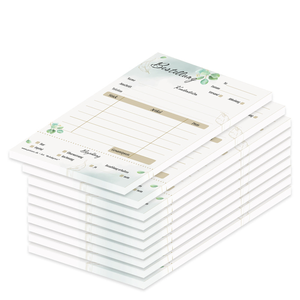Bestellannahmeblock eukalyptus, a6, grün-braune optik mit blättermotiven, platz für wichtige bestellinformationen wie kundendaten, artikeldaten, preis, uvm., 10er set