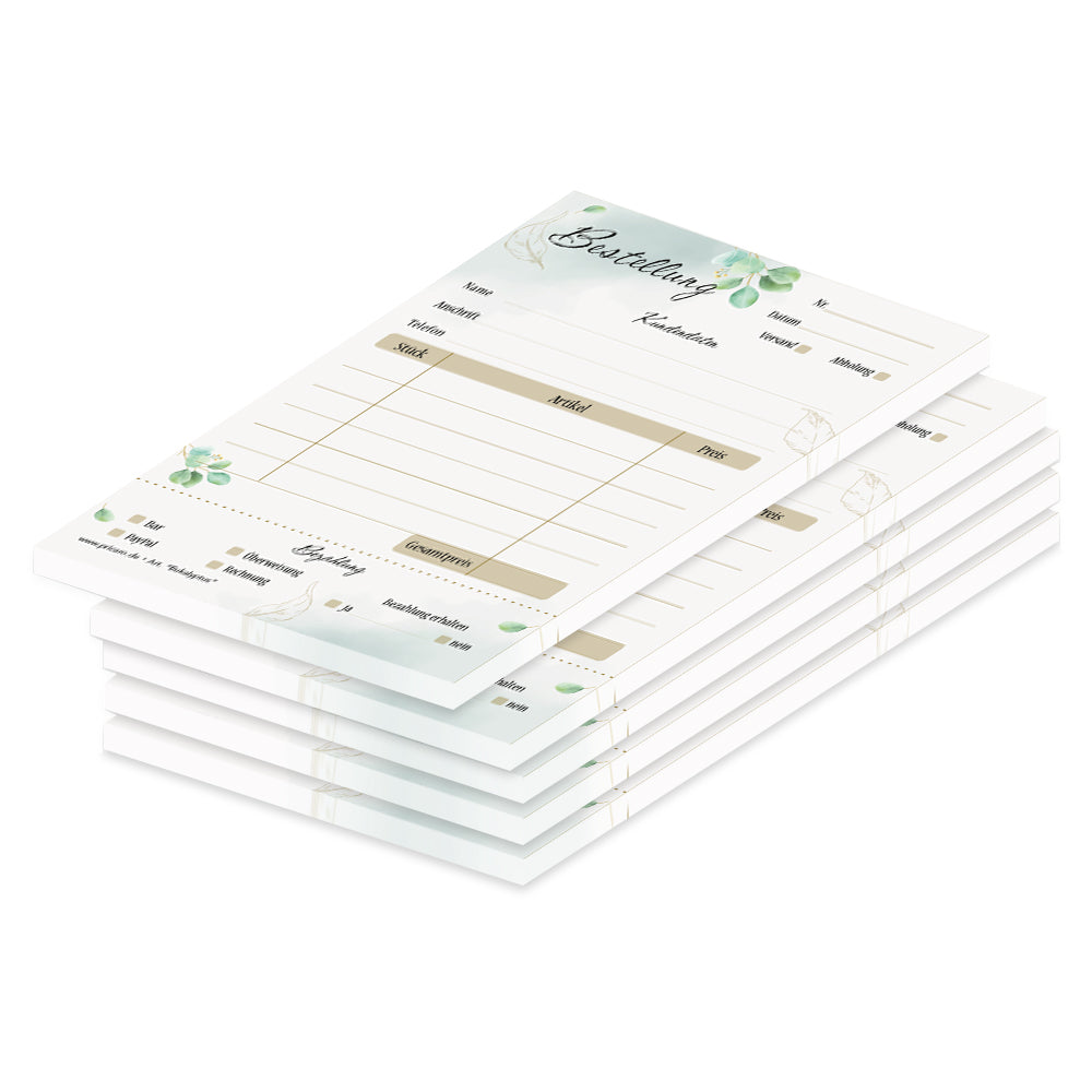 Bestellannahmeblock eukalyptus, a6, grün-braune optik mit blättermotiven, platz für wichtige bestellinformationen wie kundendaten, artikeldaten, preis, uvm., 5er set