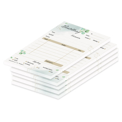 Bestellannahmeblock eukalyptus, a6, grün-braune optik mit blättermotiven, platz für wichtige bestellinformationen wie kundendaten, artikeldaten, preis, uvm., 5er set
