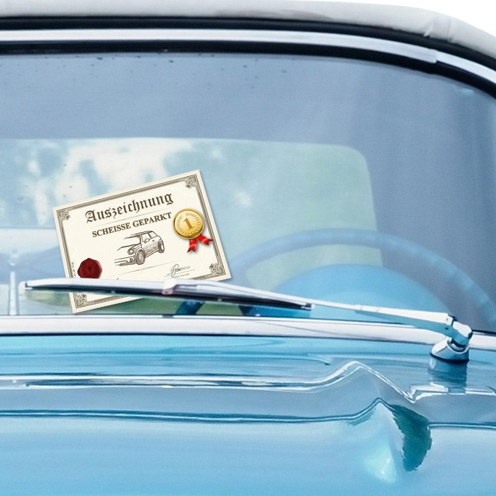 flyer scheisse geparkt "auszeichnung" mit der aufschrift " auszeichnung scheisse geparkt", an windschutzscheibe