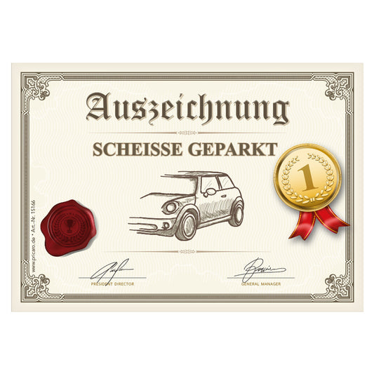 flyer scheisse geparkt "auszeichnung" mit der aufschrift "auszeichnung scheisse geparkt", frontansicht
