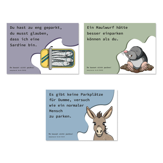 flyer scheisse geparkt "tiere" mit einem aufgedruckten esel, sardinen oder einem maulwurf, frontansicht
