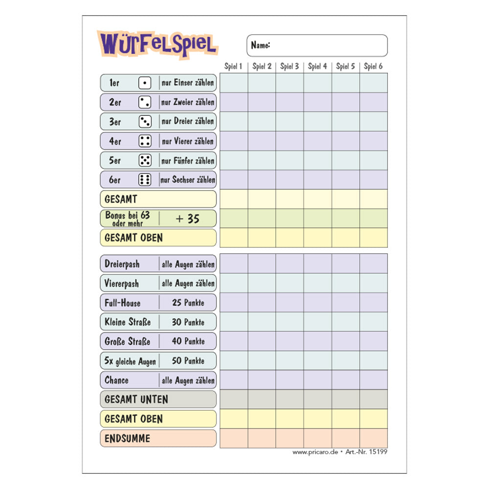würfelspiel lila, a6, frontansicht