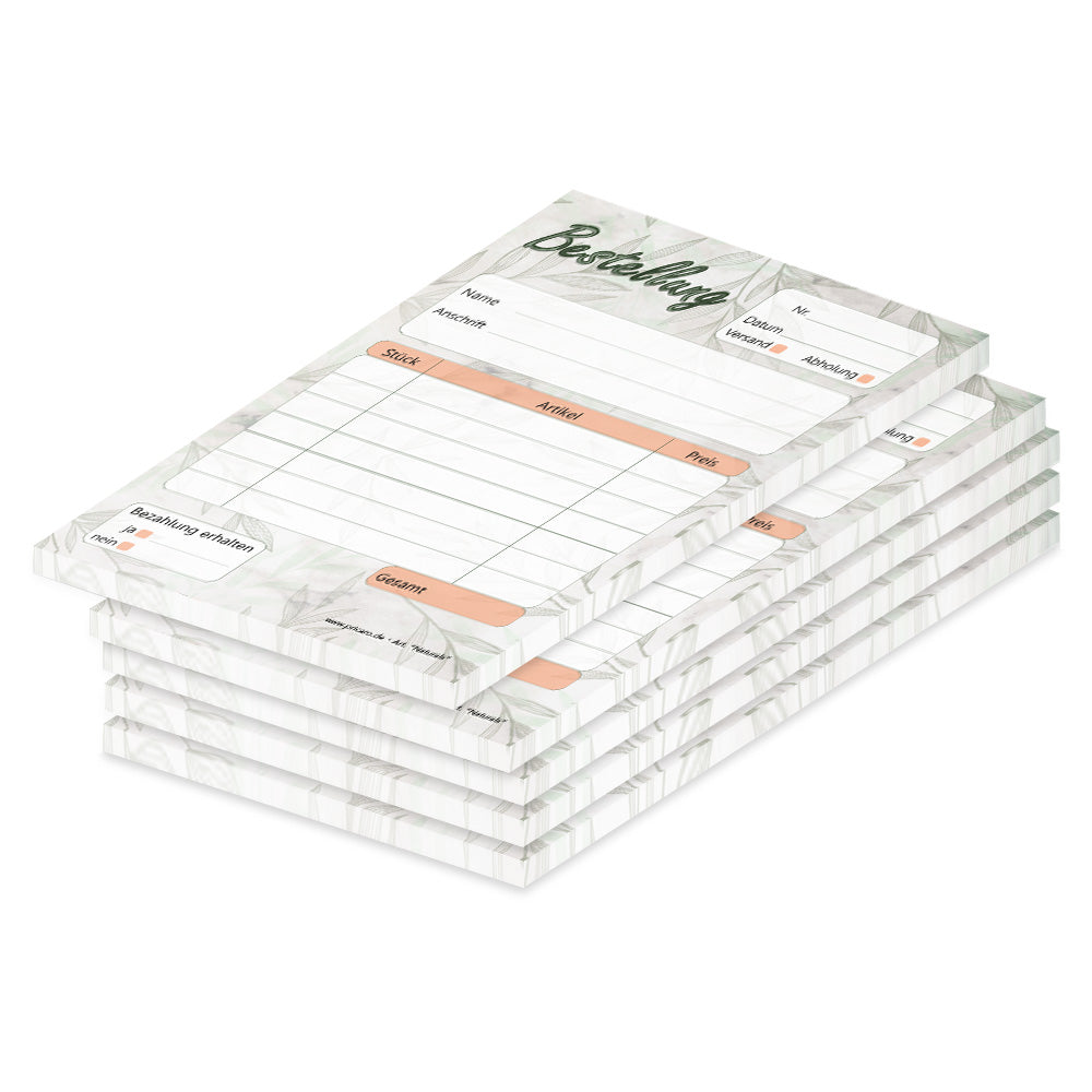Bestellannahmeblock naturals, a6, grau-orangene optik, platz für wichtige bestellinformationen wie kundendaten, artikeldaten, preis, uvm., 5er set