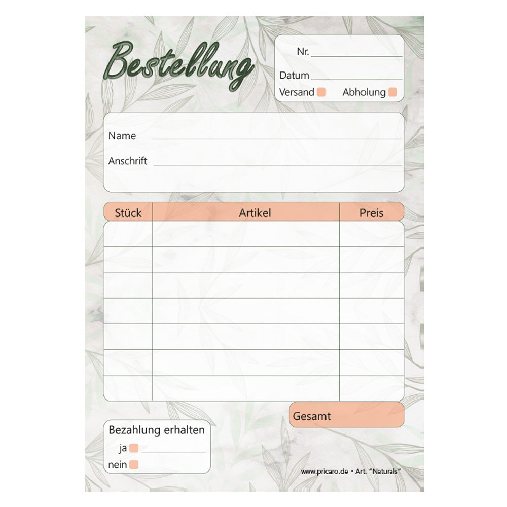 Bestellannahmeblock naturals, a6, grau-orangene optik, platz für wichtige bestellinformationen wie kundendaten, artikeldaten, preis, uvm., frontansicht
