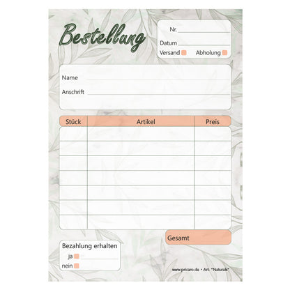 Bestellannahmeblock naturals, a6, grau-orangene optik, platz für wichtige bestellinformationen wie kundendaten, artikeldaten, preis, uvm., frontansicht