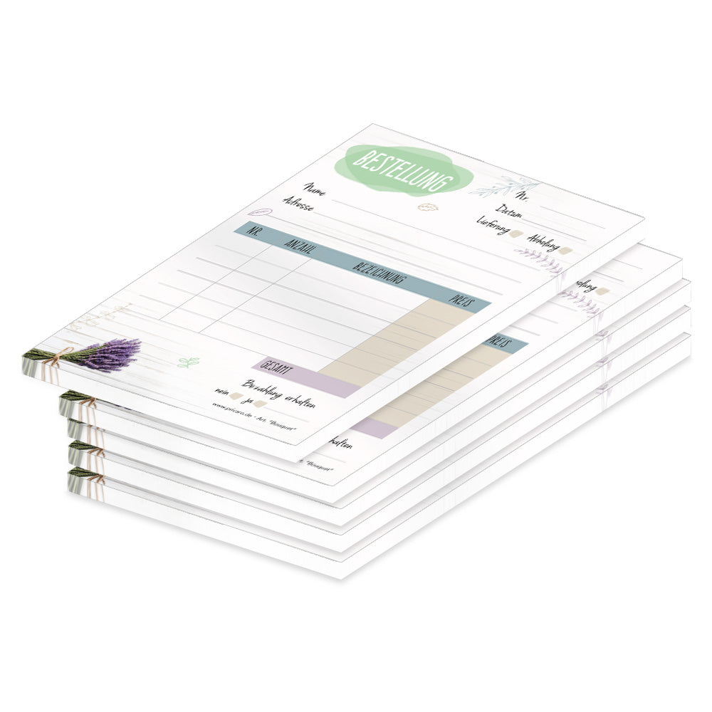 Bestellannahmeblock bouquet, a6, weiß-bunte optik mit lavendelmotiv, platz für wichtige bestellinformationen wie kundendaten, artikeldaten, preis, uvm., 5er set