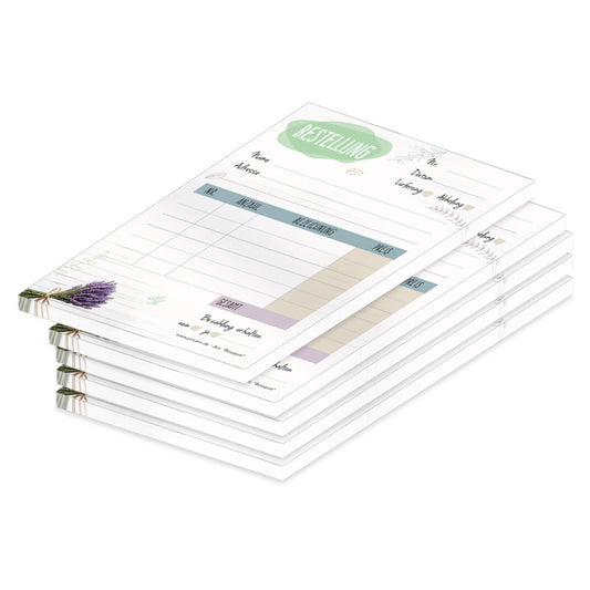 Bestellannahmeblock bouquet, a6, weiß-bunte optik mit lavendelmotiv, platz für wichtige bestellinformationen wie kundendaten, artikeldaten, preis, uvm., 5er set