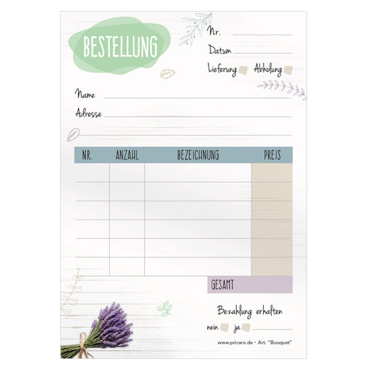 Bestellannahmeblock bouquet, a6, weiß-bunte optik mit lavendelmotiv, platz für wichtige bestellinformationen wie kundendaten, artikeldaten, preis, uvm., frontansicht