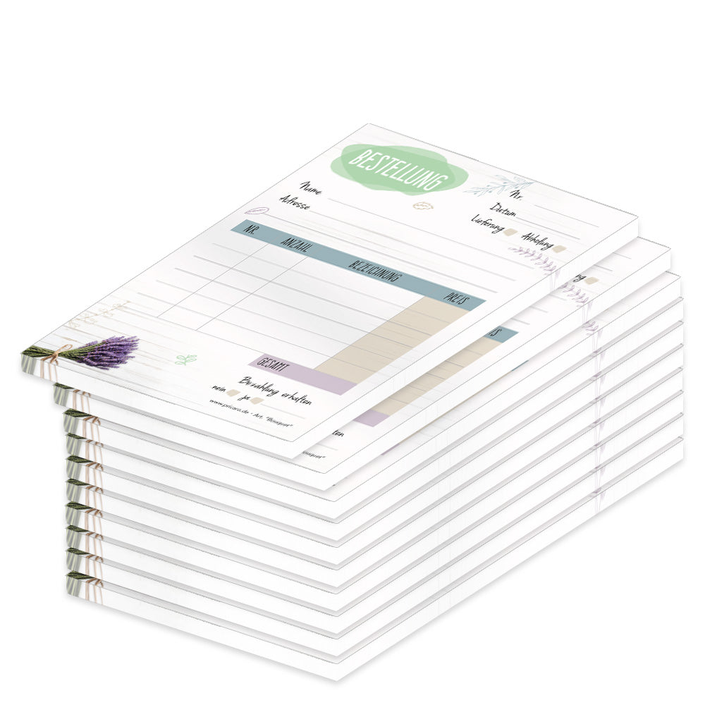 Bestellannahmeblock bouquet, a6, weiß-bunte optik mit lavendelmotiv, platz für wichtige bestellinformationen wie kundendaten, artikeldaten, preis, uvm., 10er set