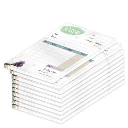 Bestellannahmeblock bouquet, a6, weiß-bunte optik mit lavendelmotiv, platz für wichtige bestellinformationen wie kundendaten, artikeldaten, preis, uvm., 10er set