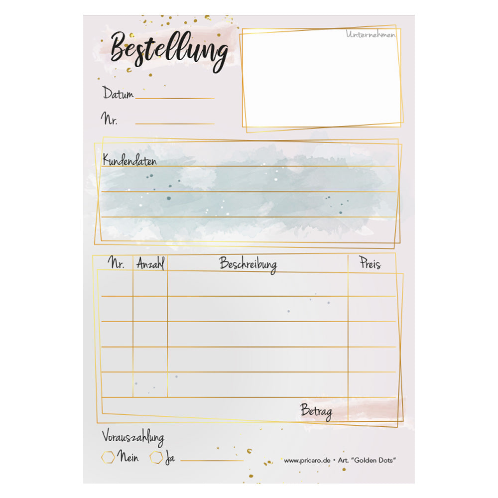 Bestellannahmeblock golden dots, a6, rosa optik mit goldenen punkten, modernes design, platz für wichtige bestellinformationen wie kundendaten, artikeldaten, preis, uvm., frontansicht