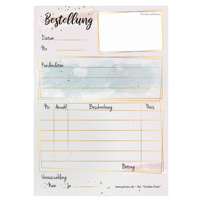 Bestellannahmeblock golden dots, a6, rosa optik mit goldenen punkten, modernes design, platz für wichtige bestellinformationen wie kundendaten, artikeldaten, preis, uvm., frontansicht